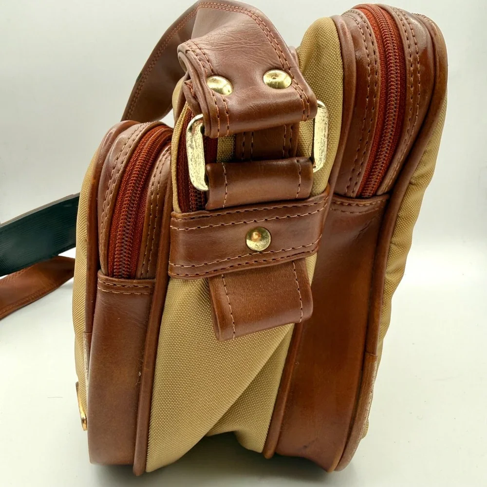 Coast Vintage Tan Canvas Brown Faux Leather Camera Messenger Bag Multi-Pocket